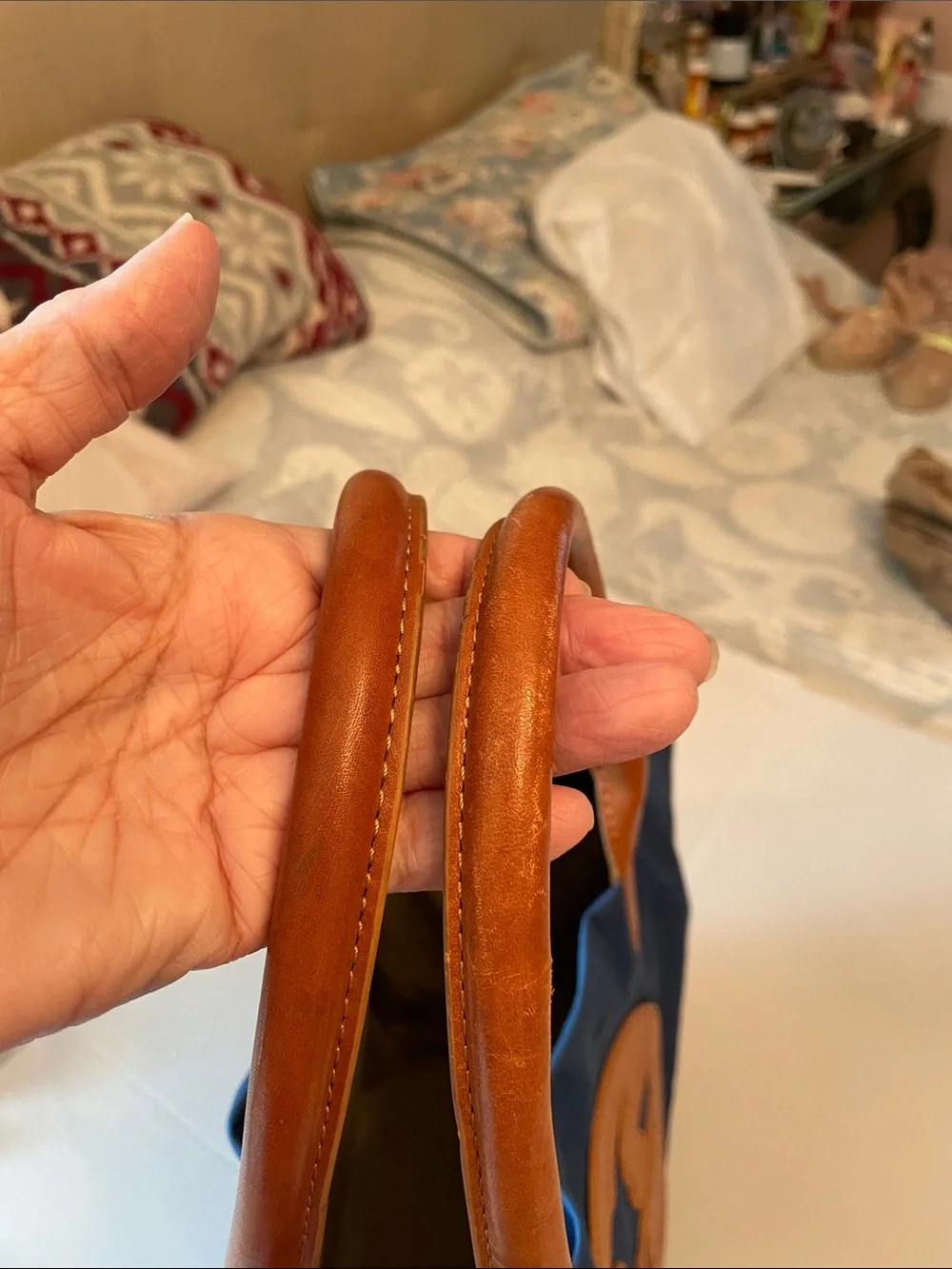 Tory Burch Navy and Cognac Leather Logo Tote